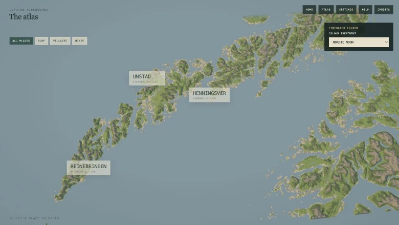 Earlier Lofoten Atlas map with Unstad, Henningsvær and Reinebringen marked across the island chain