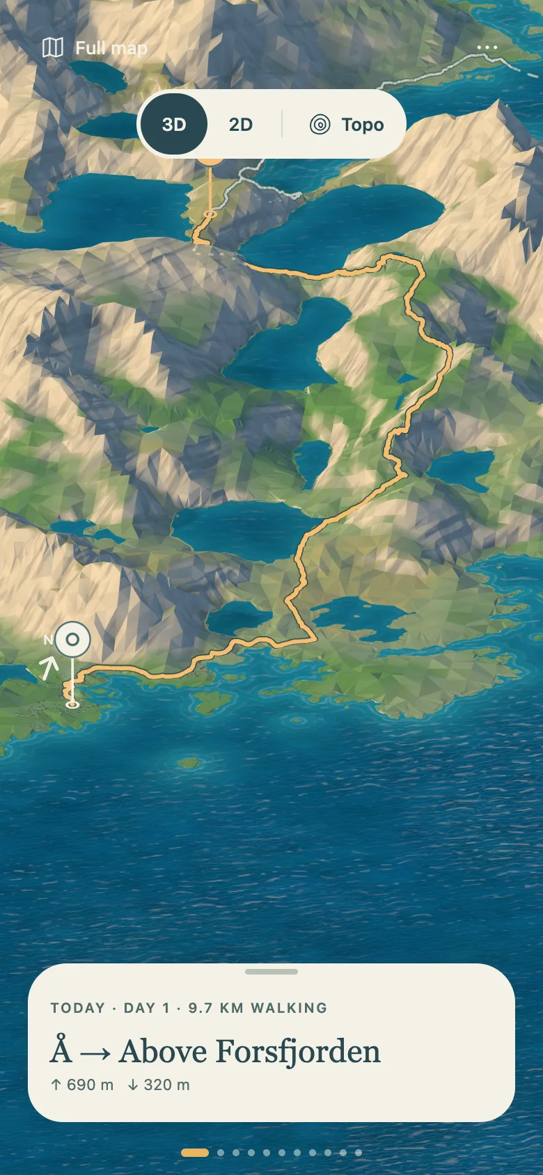 Crossing mobile app showing a 3D terrain view and the Day 1 walking stage