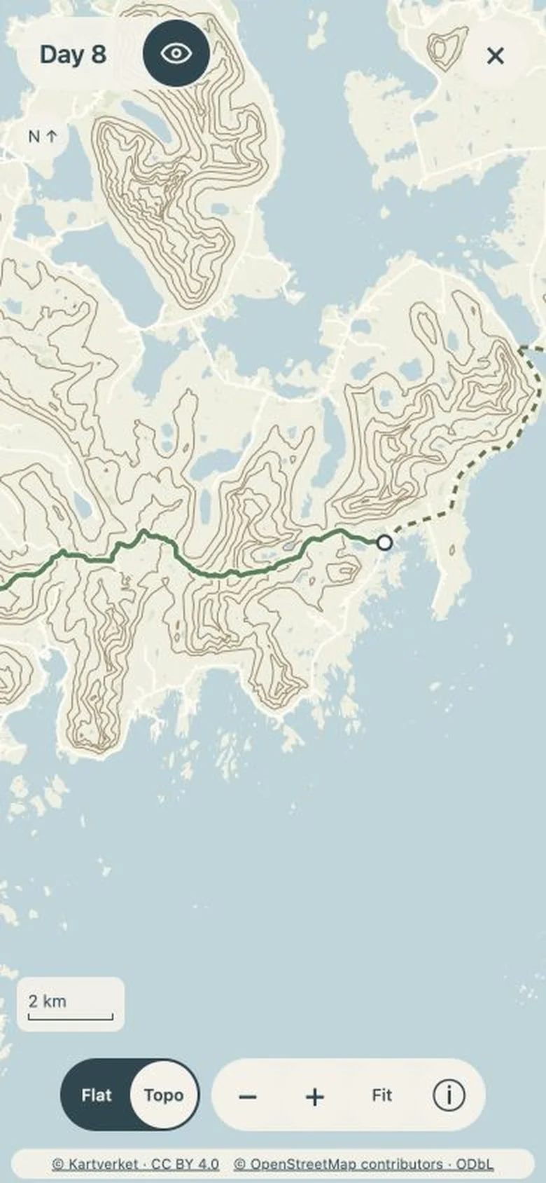 Crossing mobile app showing a detailed topographic map of Day 8