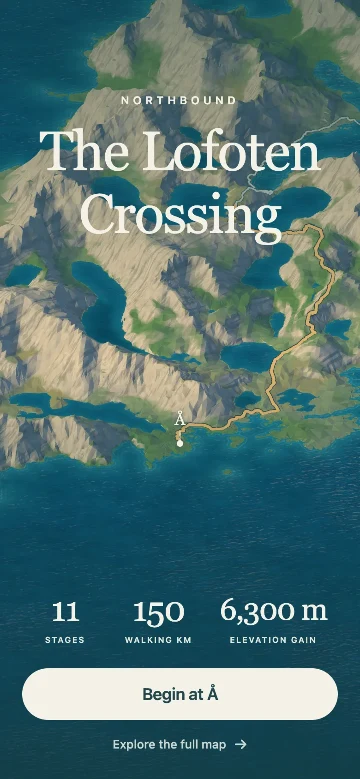 Crossing app welcome screen with its title over Lofoten terrain