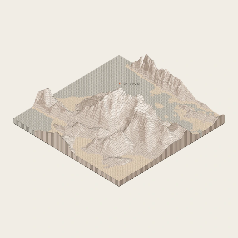 Paper-material isometric terrain block of Himmeltinden and its surrounding coast, with measured mountain relief and a flat sea-level surface
