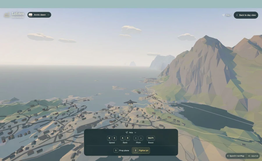 Free flight above the coastal village near Reine in Arctic dawn lighting