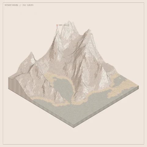 Isometric terrain study of the steep peaks and fjord at Reine
